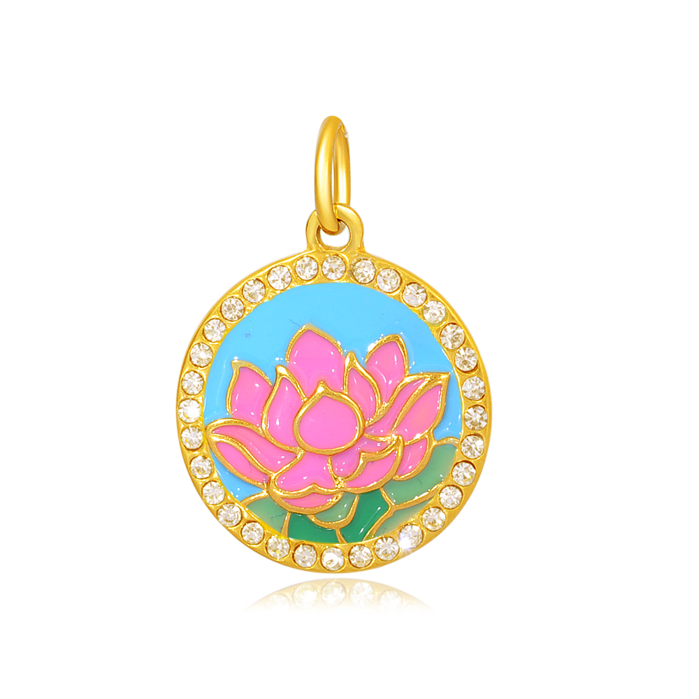 PandaHall 316 Stainless Steel Enamel Pendants, with Rhinestone, Flat Round with Lotus, Golden, 25x21.5x9mm, Hole: 5mm Stainless Steel+Enamel...