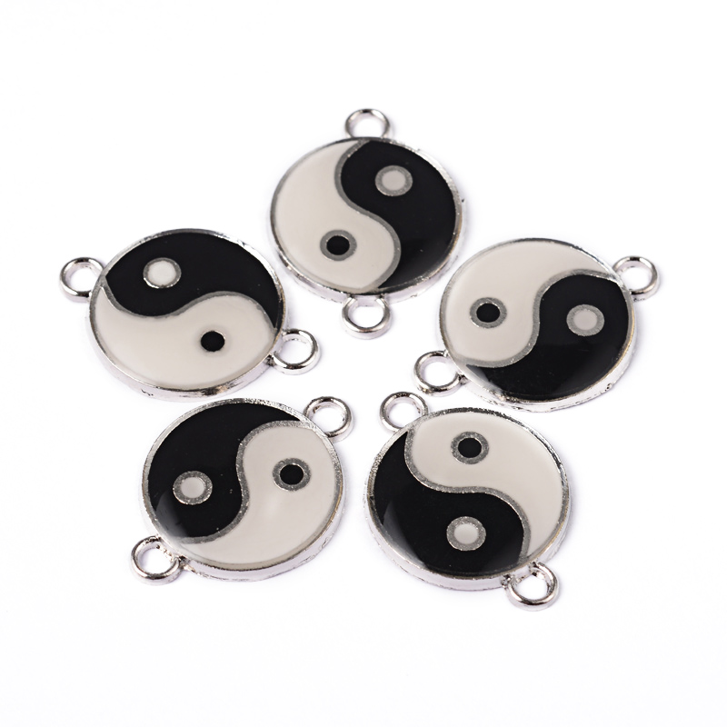 PandaHall Flat Round Yin Yang Alloy Enamel Connectors, Platinum, White and Black, Size: about 28mm long, 20mm wide, 2mm thick, hole: 2mm...