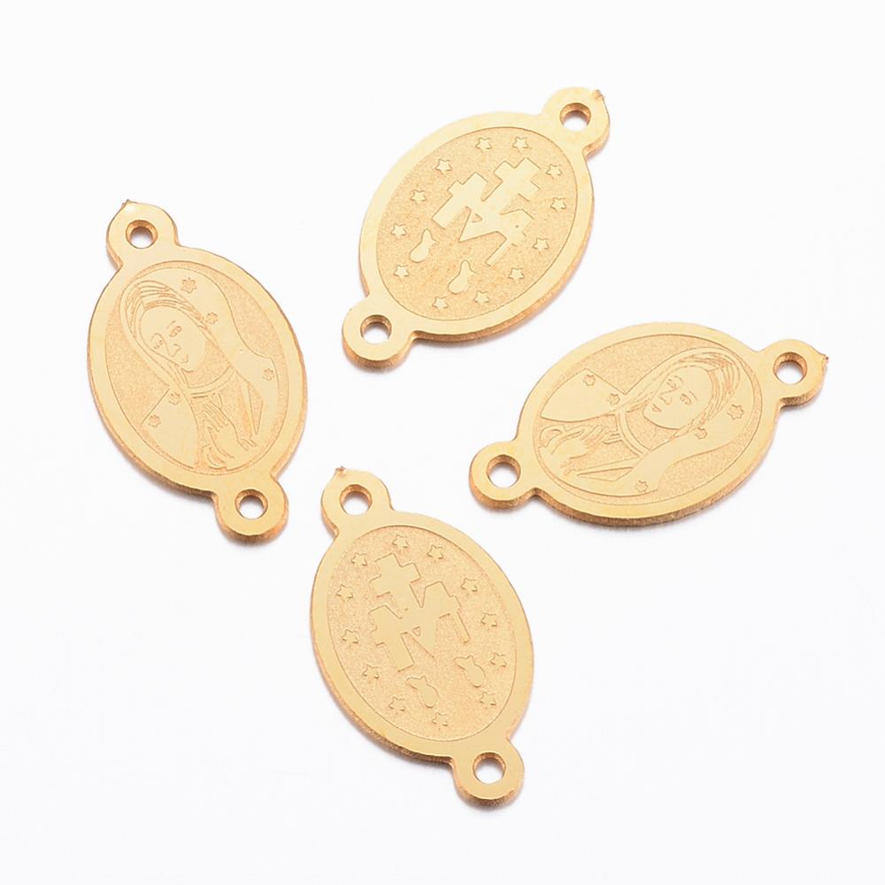 PandaHall 304 Stainless Steel Links, Oval with Virgin Mary, Golden, 15x8.5x0.8mm, Hole: 1mm Stainless Steel Oval