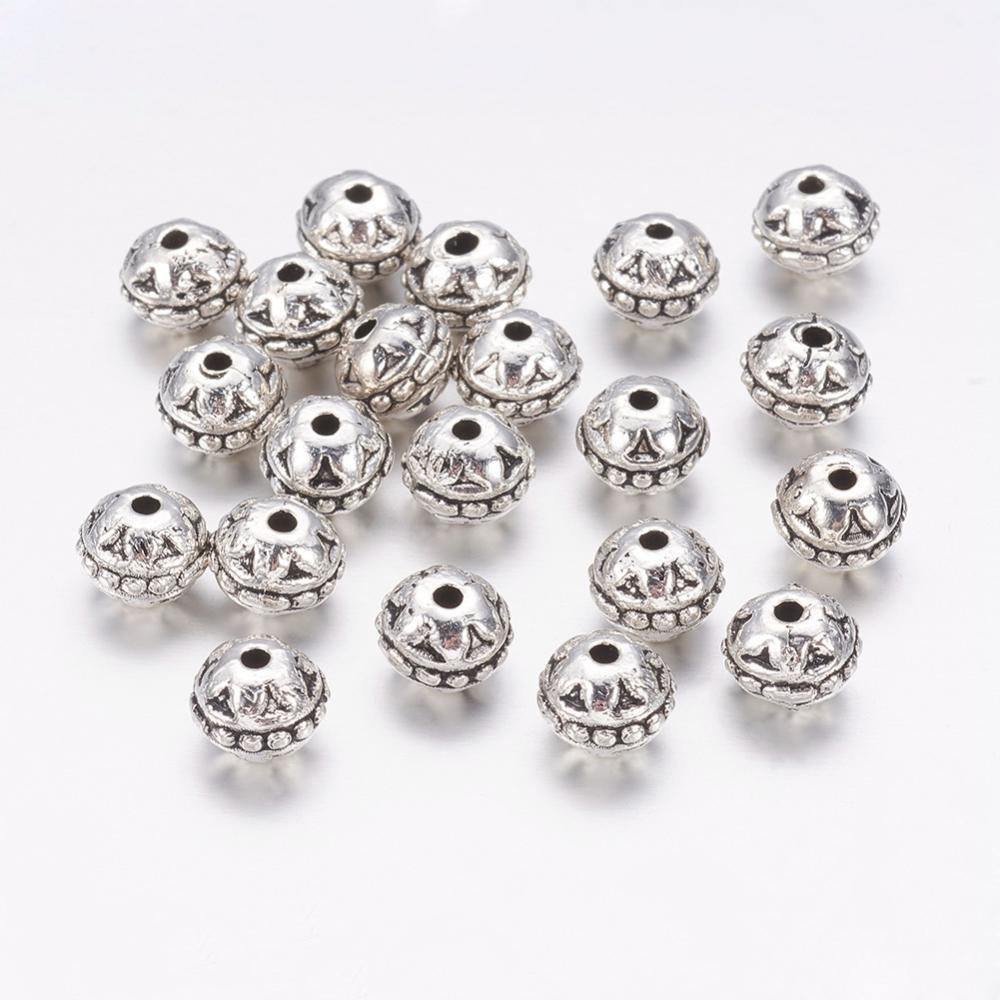 PandaHall Tibetan Style Beads, Round, Lead Free & Cadmium Free, Antique Silver, about 8mm in diameter, 7mm thick, hole: 1.5mm Alloy Round