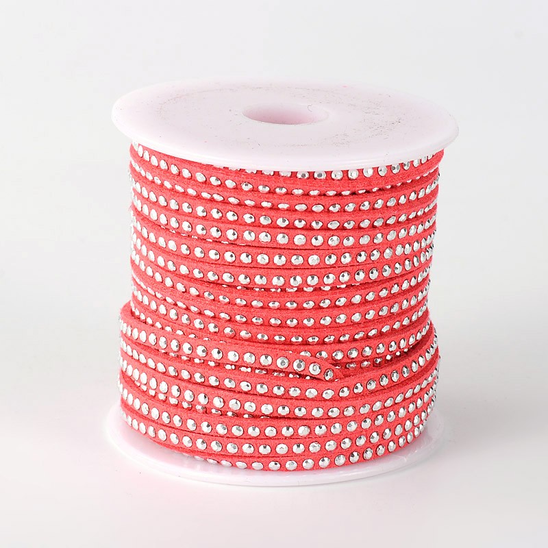 PandaHall Rivet Faux Suede Cord, Faux Suede Lace, with Aluminum, Crimson, 3x2mm; about 20yards/roll Suede Pink