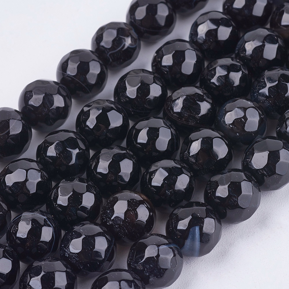 PandaHall Madagascar Agate Bead Strands, Faceted, Round, Dyed & Heated, 8mm Natural Agate Round Black