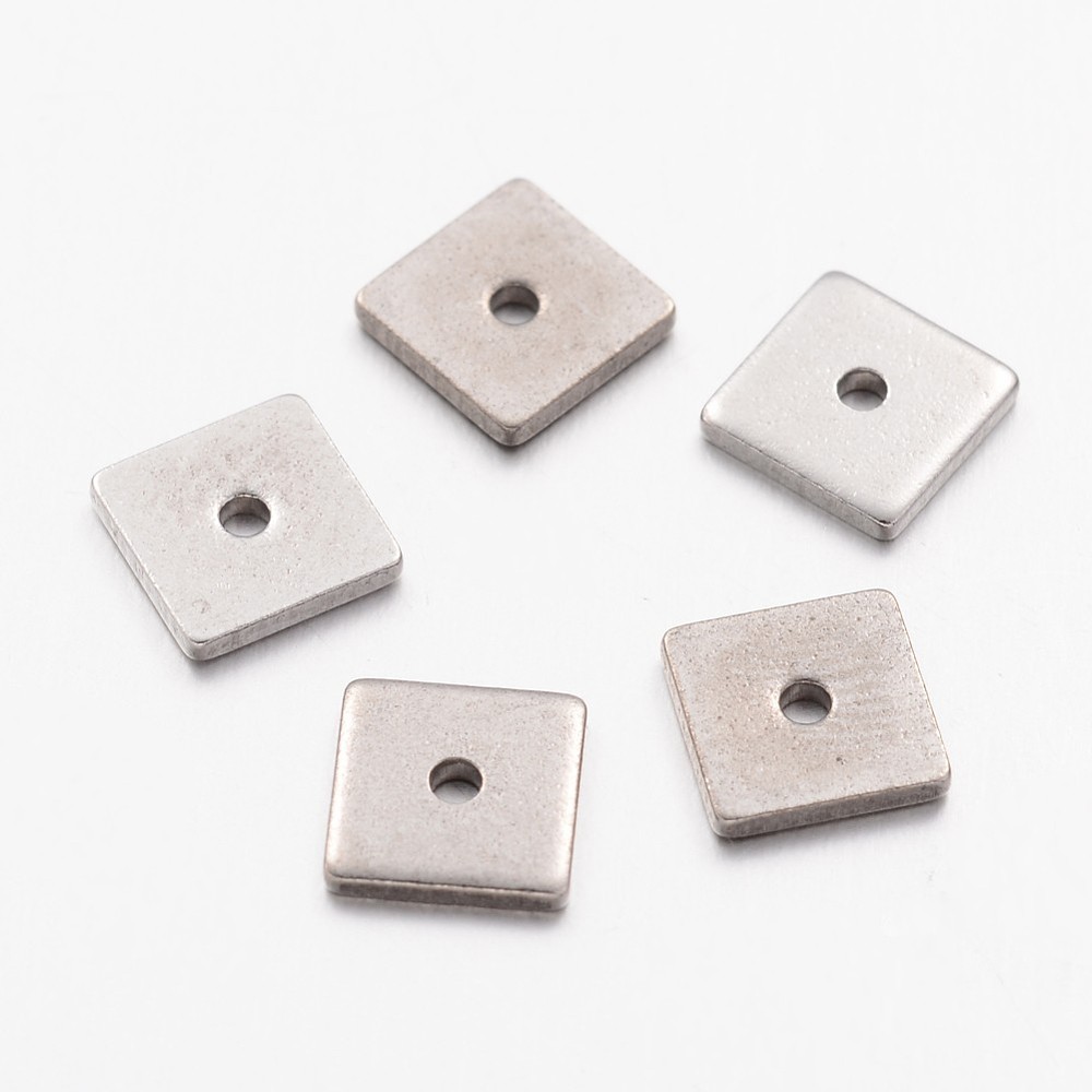 PandaHall 304 Stainless Steel Bead Spacers, Square, Stainless Steel Color, 6x6x1mm, Hole: 0.5mm Stainless Steel Square