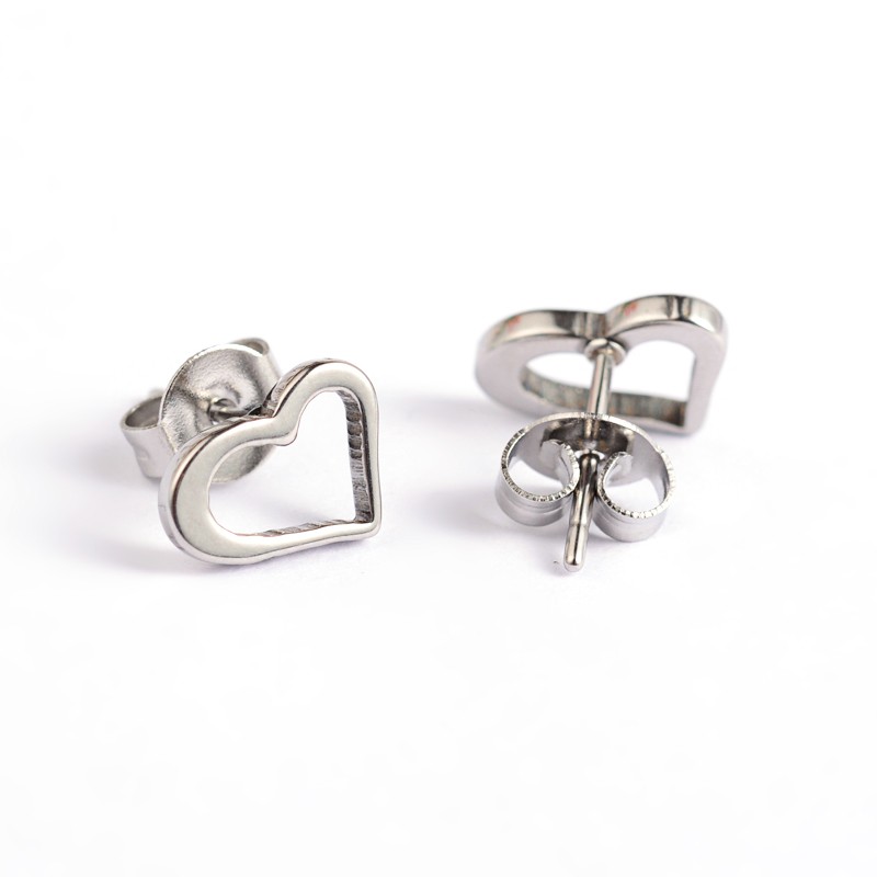 PandaHall Heart 304 Stainless Steel Ear Studs, Stainless Steel Color, 6.5x9mm; Pin: 0.7mm Stainless Steel