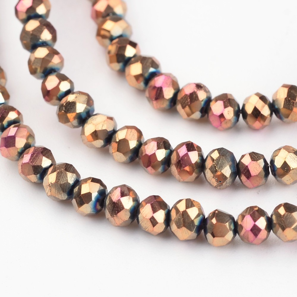 PandaHall Electroplate Glass Beads Strands, Faceted Rondelle, Rose Gold Plated, 3x2.5mm, Hole: 1mm; about 133pcs/strand, 13'' Glass Rondelle