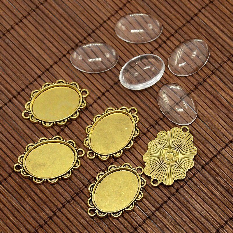 PandaHall 25x18mm Oval Dome Clear Glass Cover and Antique Golden Alloy Cabochon Connector Settings Sets, Nickel Free, Settings: 36x25x2mm...
