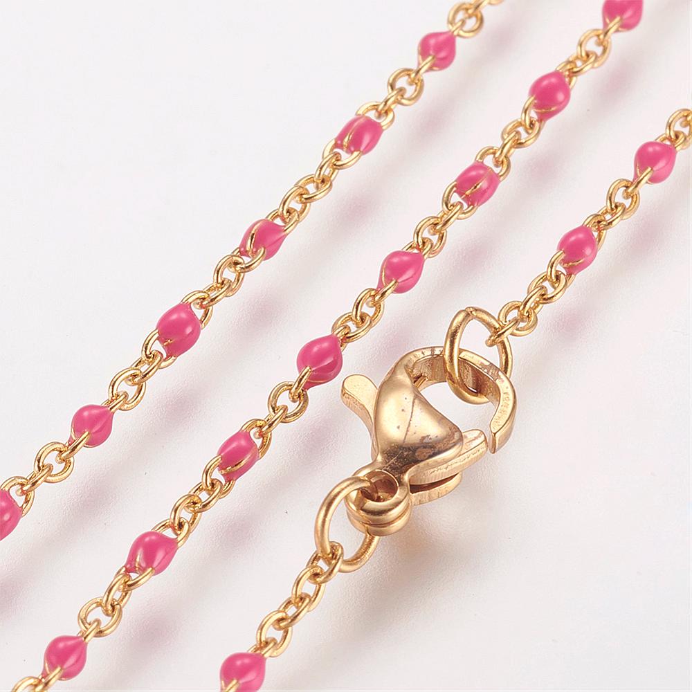 PandaHall 304 Stainless Steel Chain Necklaces, with Enamel Links, Golden, Flamingo, 17.91"(45.5cm); 1.5~2mm Stainless Steel Pink