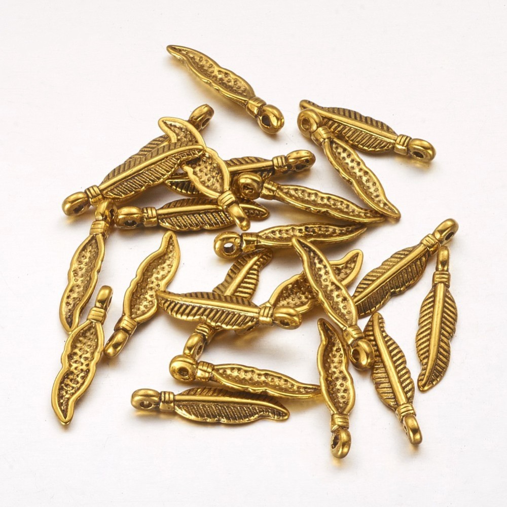 PandaHall Tibetan Style Pendants, Feather, Antique Golden, Lead Free & Cadmium Free, about 4mm wide, 19mm high, 2mm thick, hole: 1.5mm Alloy...