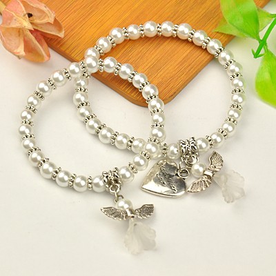 PandaHall Lovely Wedding Dress Angel Jewelry Sets for Mother and Daughter, Stretch Bracelets, with Glass Pearl Beads and Tibetan Style Beads...