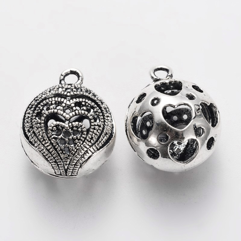 PandaHall Brass Pendants Cabochon Settings, Lead Free, Round with Heart, Hollow, Antique Silver, 18x15x13mm, Hole: 2mm; Fit for 1mm...