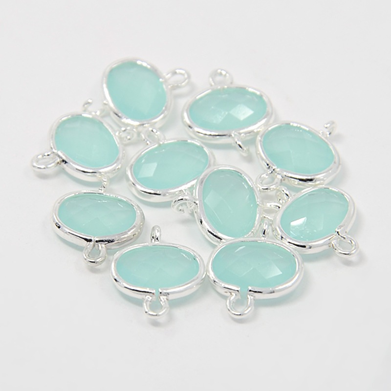 PandaHall Silver Tone Brass Glass Links, Faceted Oval, PaleTurquoise, 14x11x4mm, Hole: 1mm Glass Oval Silver