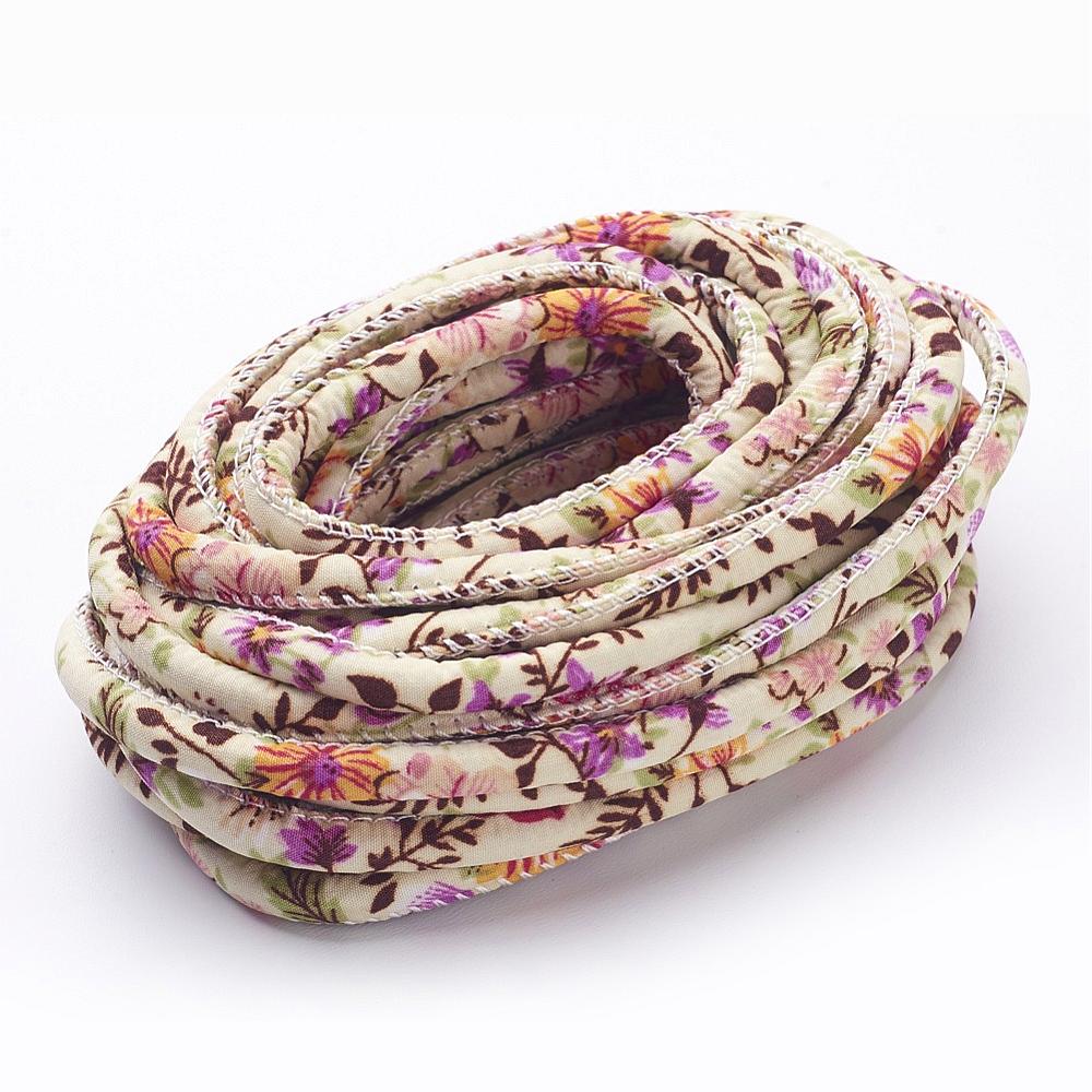 PandaHall Flower Printing Cloth Cords, OldLace, 7mm Cloth Ivory