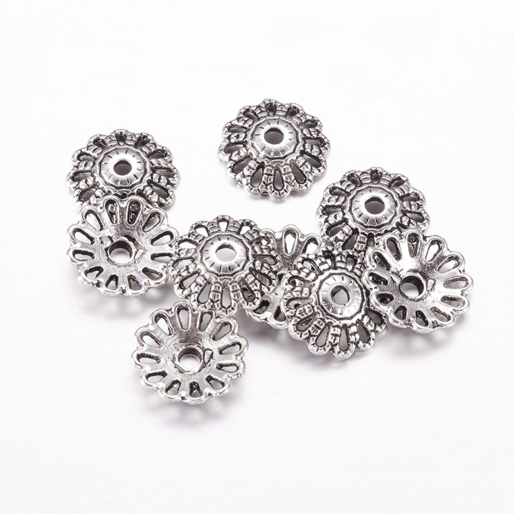 PandaHall Tibetan Silver Bead Caps, Lead Free and Cadmium Free, Flower, Antique Silver, about 12mm in diameter, 3mm thick, hole: 2.5mm Alloy
