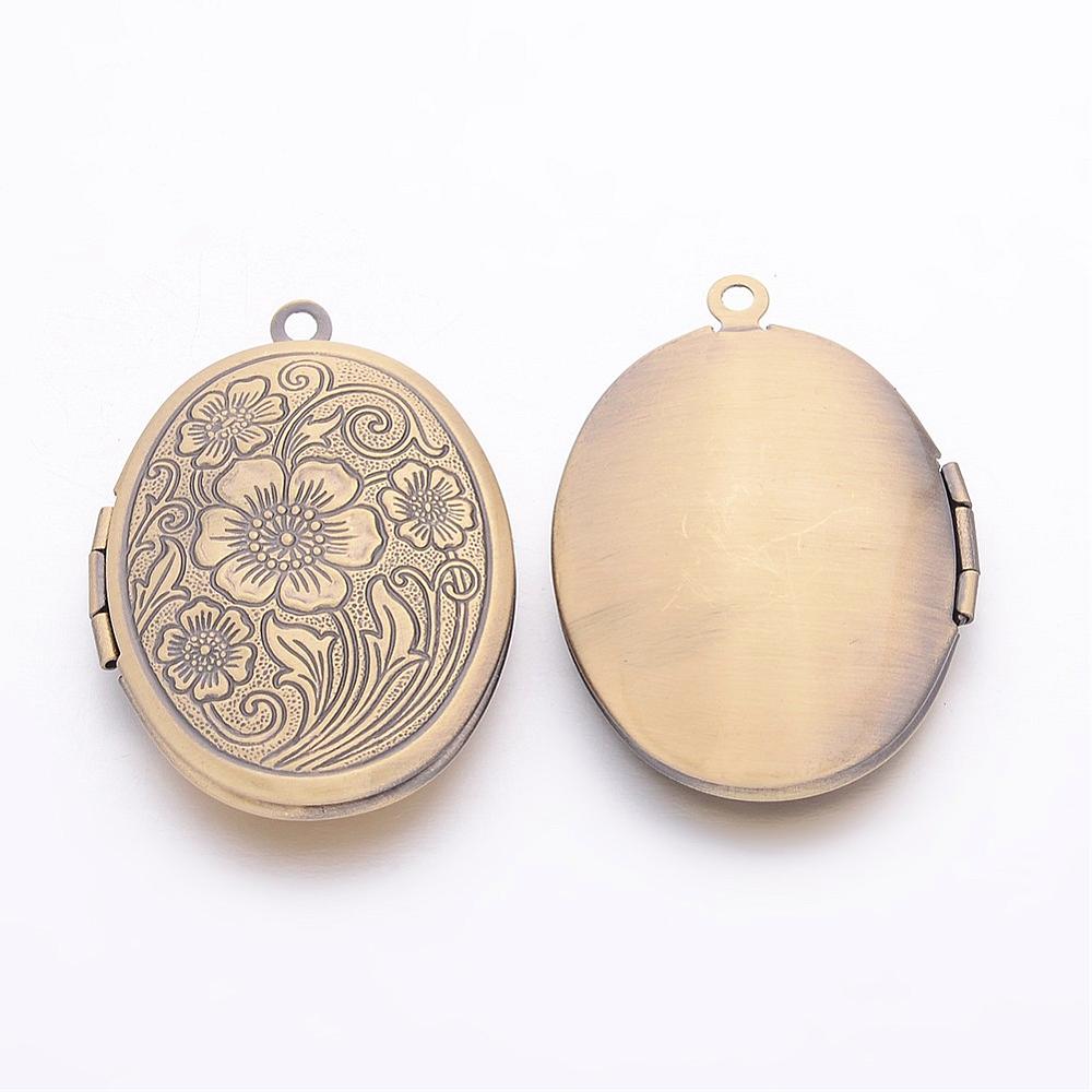 PandaHall Brass Locket Pendants, Picture Frame Charms for Necklace, Antique Bronze, Oval,  about 24mm wide, 34mm long, hole: 2mm Brass Oval