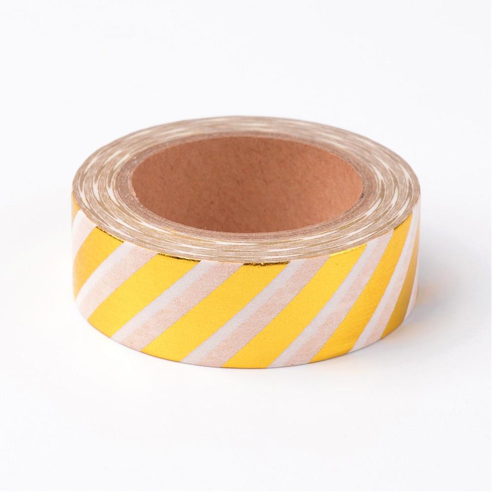 PandaHall DIY Scrapbook Decorative Adhesive Tapes, with Stripe Pattern, Gold, 15mm; about 10m/roll Paper Gold