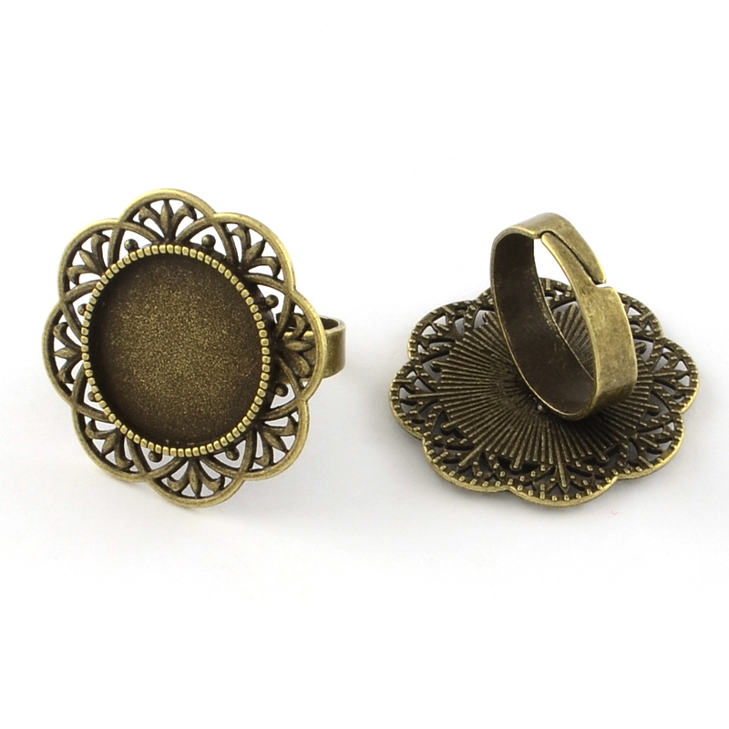 PandaHall Adjustable Alloy Flower Pad Ring Settings, with Iron Ring Shanks, Lead Free & Nickel Free, Antique Bronze, Tray: 18mm; 17.5mm...