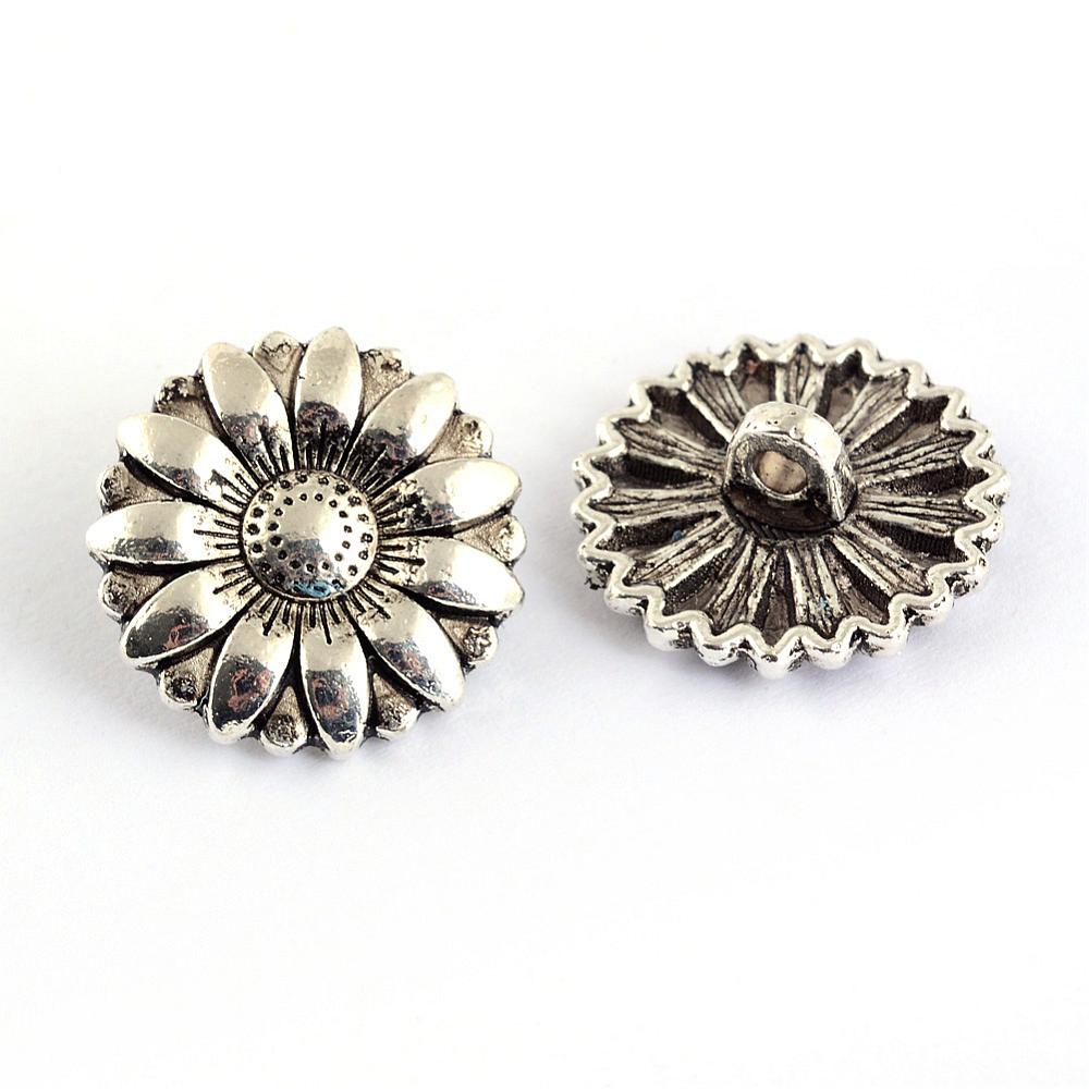 PandaHall Tibetan Style Zinc Alloy Shank Buttons, Flower, 1-Hole, Lead Free, Antique Silver, 17.5x17.5x7mm, Hole: 2mm; about 398pcs/1000g...