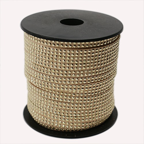 PandaHall 2 Row Golden Aluminum Studded Korea Faux Suede Cord, Faux Suede Lace, LightKhaki, 5x2mm; about 20yards/roll Suede