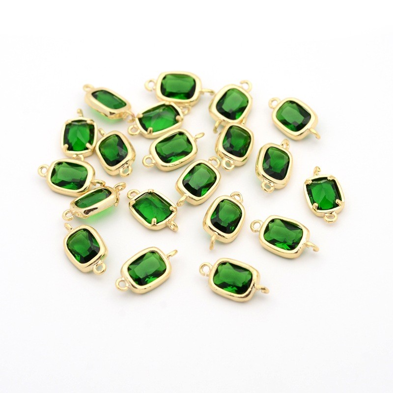 PandaHall Golden Plated Brass Glass Links, Faceted Rectangle, Green, 14x7x4mm, Hole: 1mm Glass Rectangle Green