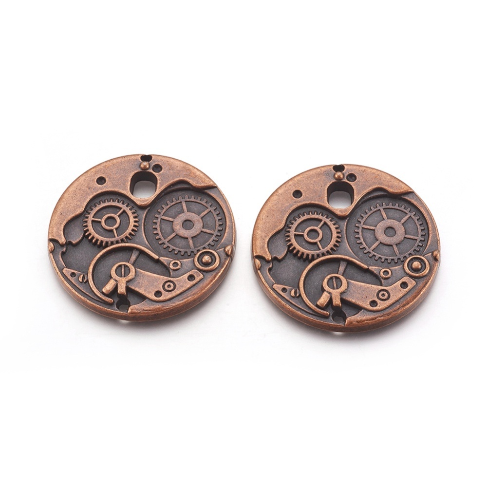 PandaHall Tibetan Style Pendants, Flat Round Watch Gears Charms, Nice for Steampunk Jewelry Making, Lead Free & Nickel Free, Red Copper...