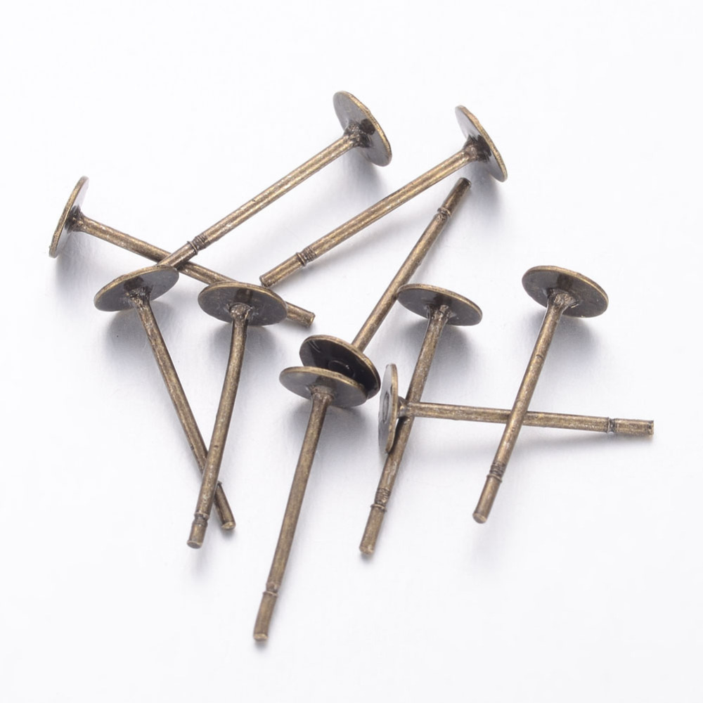 PandaHall Ear Stud Posts, Brass Head and Stainless Steel Pin, Lead Free & Cadmium Free & Nickel Free, Antique Bronze, 10mm; Head: 4mm Brass