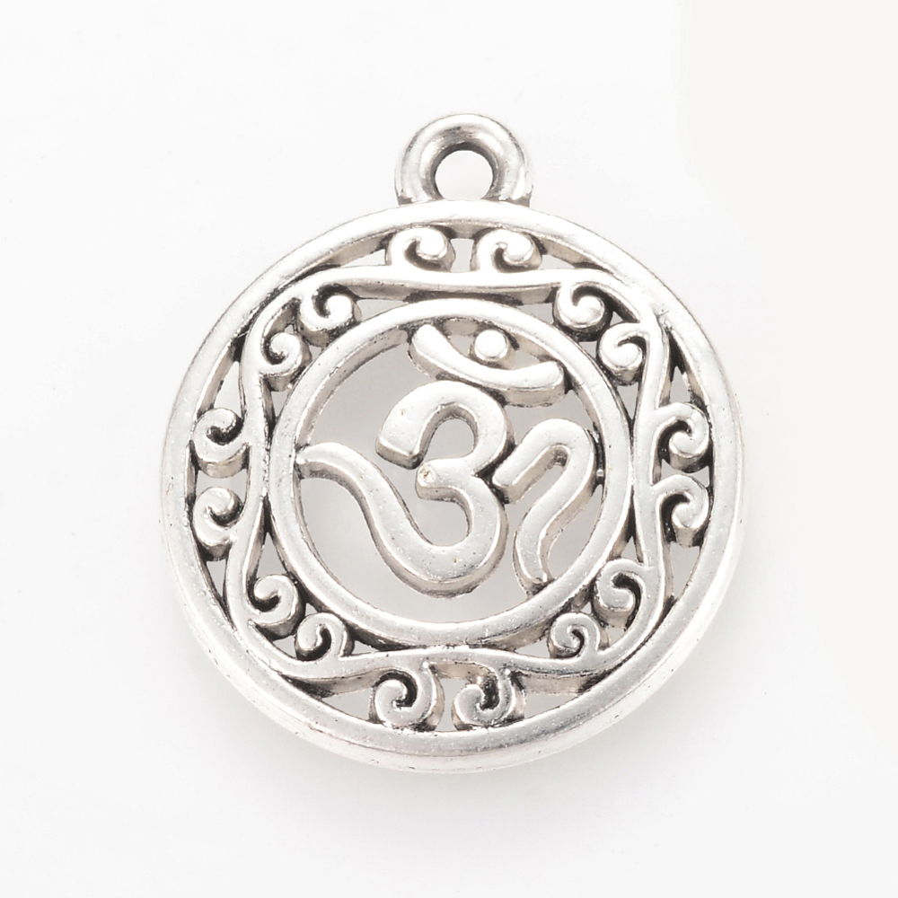 PandaHall Tibetan Style Alloy Pendants, Flat Round with Ohm, Cadmium Free & Nickel Free & Lead Free, Antique Silver, 22x19x3mm, Hole: 2mm;...
