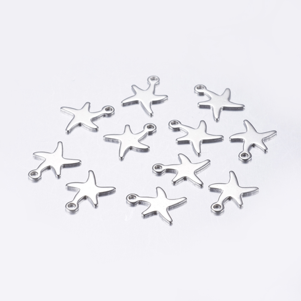PandaHall 304 Stainless Steel Charms, Starfish, Stainless Steel Color, 11.5x9x1mm, Hole: 1mm Stainless Steel Starfish