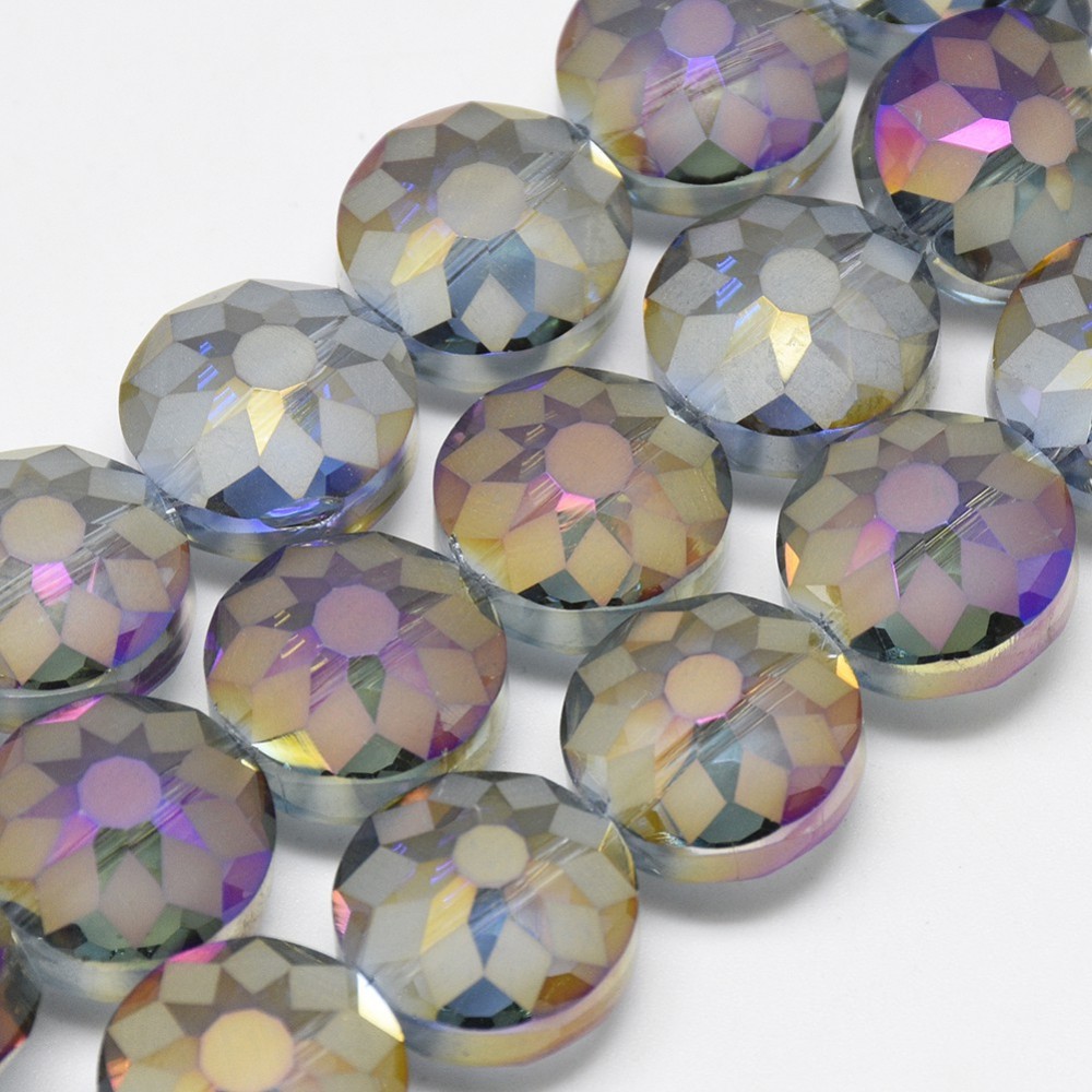 PandaHall Electroplate Glass Beads Strands, Rainbow Plated, Faceted, Flat Round, LightSteelBlue, 14x10mm, Hole: 1.5mm; about 50pcs/strand...