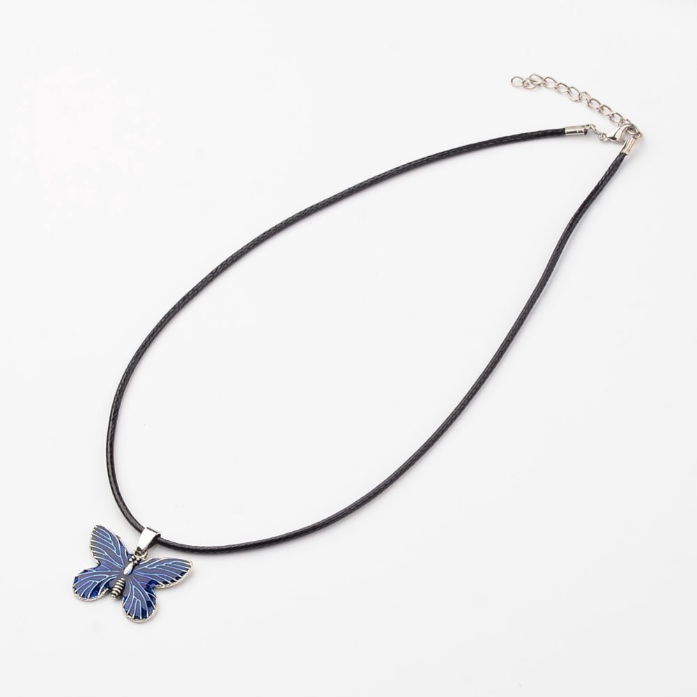 PandaHall Butterfly Tibetan Style Alloy Enamel Pendant Necklaces, with Waxed Cord and Lobster Claw Clasps, Blue, 17.7" Alloy Blue