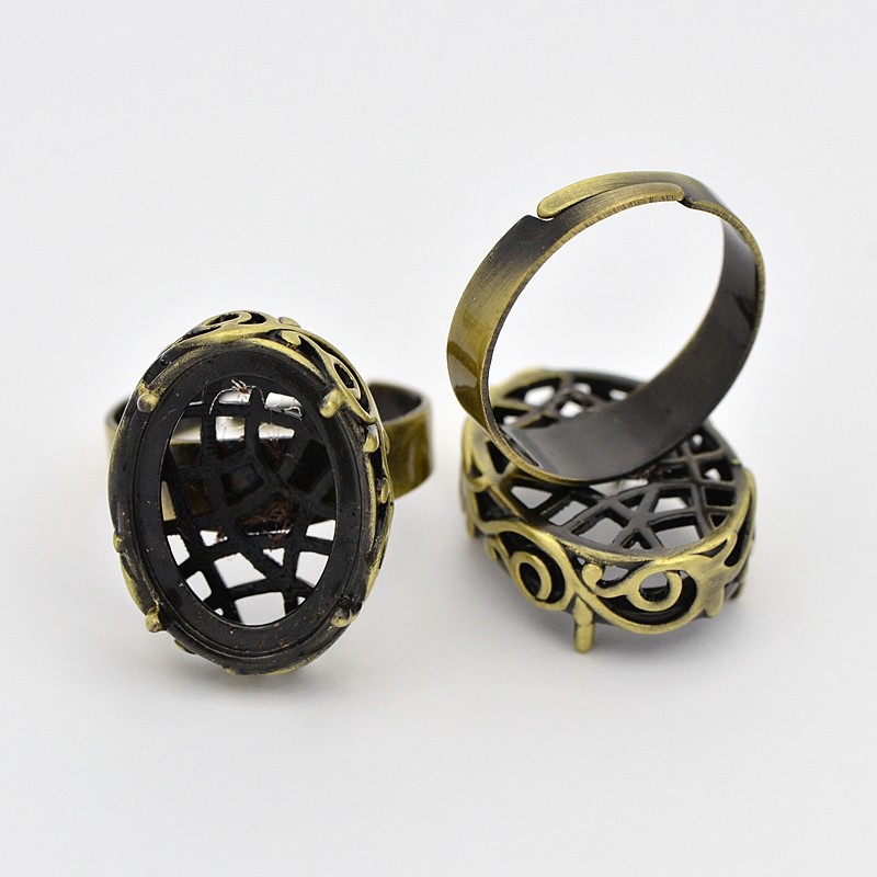 PandaHall Vintage Adjustable Brass Filigree Ring Setting Components, with Oval Cabochon Bezel Settings, Nickel Free, Antique Bronze, Tray...