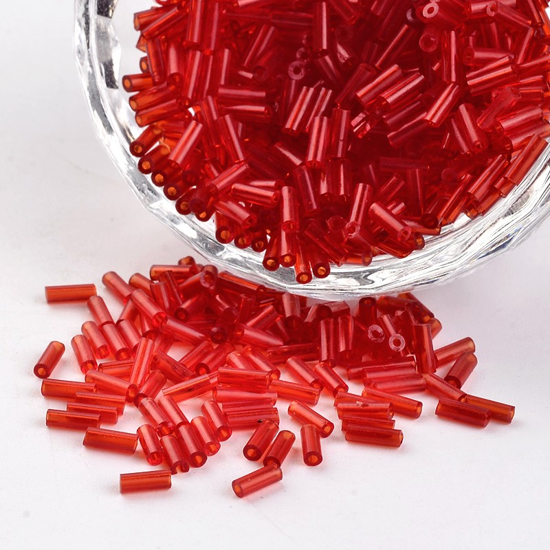 PandaHall Tube Transparent Colours Round Hole Glass Bugle Beads, Red, 4.6~5x1.8~2mm, Hole: 0.8mm; about 12000pcs/450g Glass Red