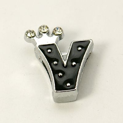 PandaHall Alloy Enamel Rhinestone Slide Charms, Letter, Platinum Metal Color, Letter.V, Black, 17x14x4mm, Hole: 1x8mm Alloy+Enamel Black