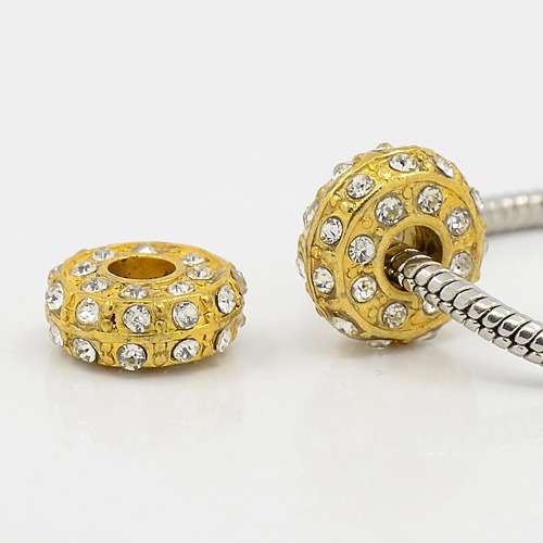 PandaHall Alloy Rhinestone European Beads, Large Hole Beads, Golden Metal Color, Rondelle, Crystal, 14x7mm, Hole: 5mm Rondelle Clear