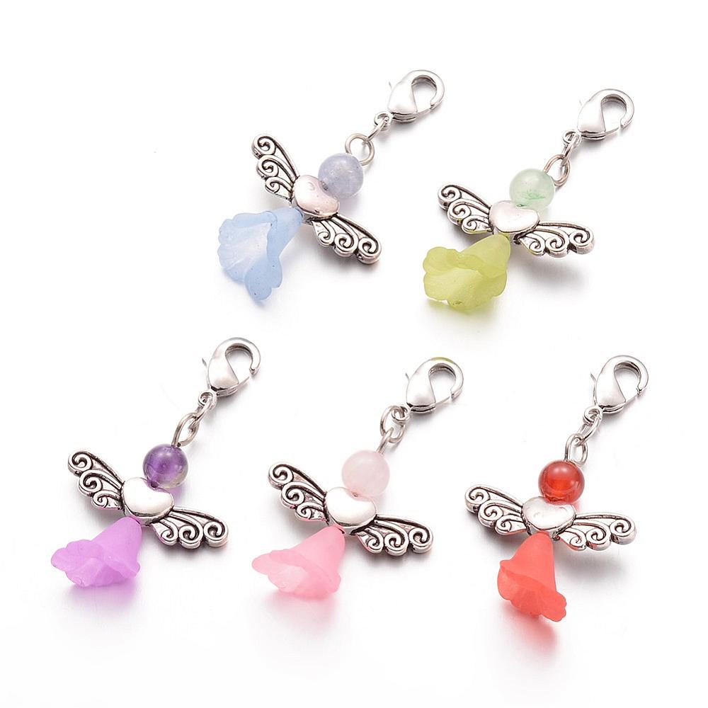 PandaHall Natural Mixed Stone Pendant, with Tibetan Style Alloy Beads and Transparent Acrylic Beads, Angel, Mixed Color, 41x23.5x10mm Mixed...