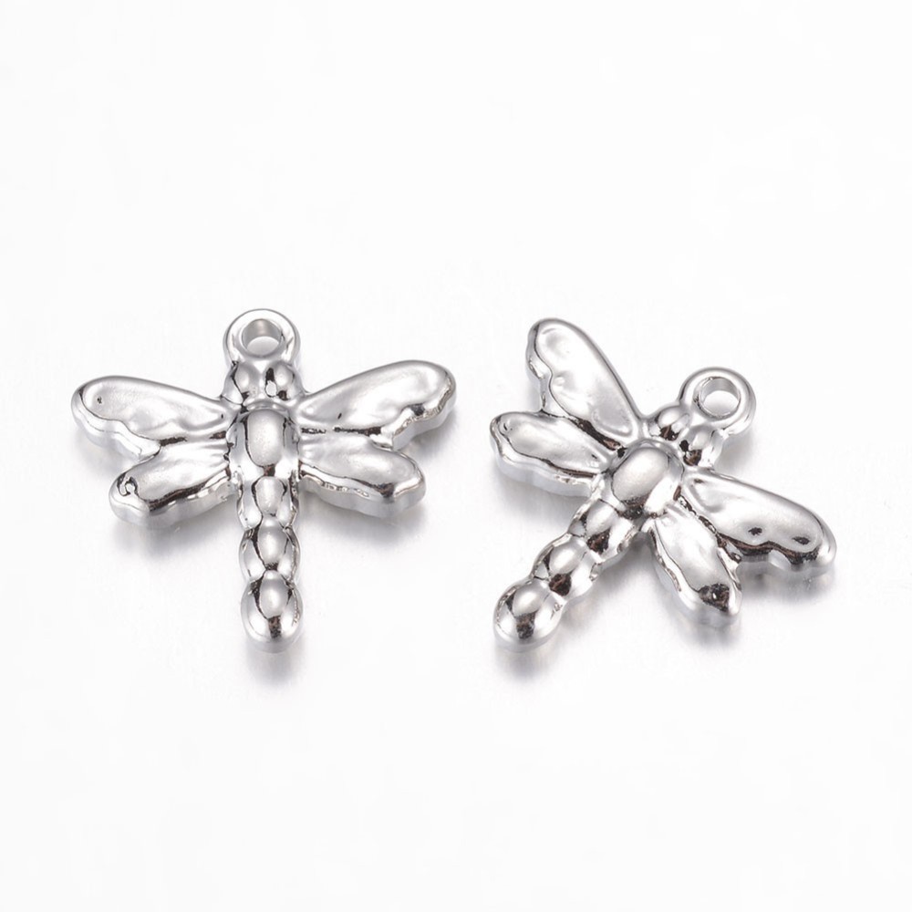 PandaHall 304 Stainless Steel Charms, Dragonfly, Stainless Steel Color, 15x16x3.5mm, Hole: 1mm Stainless Steel Dragonfly