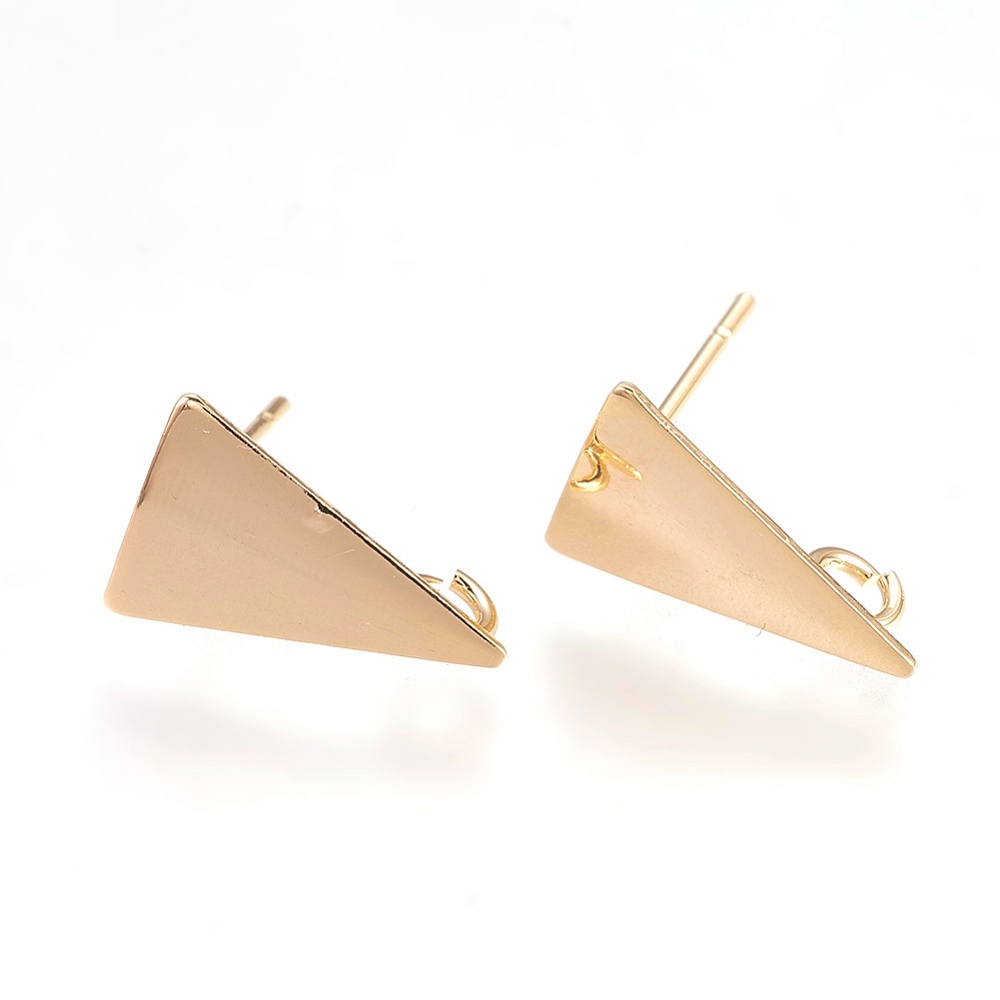 PandaHall Brass Stud Earring Findings, Nickel Free, Triangle, Real Gold Plated, 14x9x4.5mm, Hole: 2mm; Pin: 0.7mm Brass