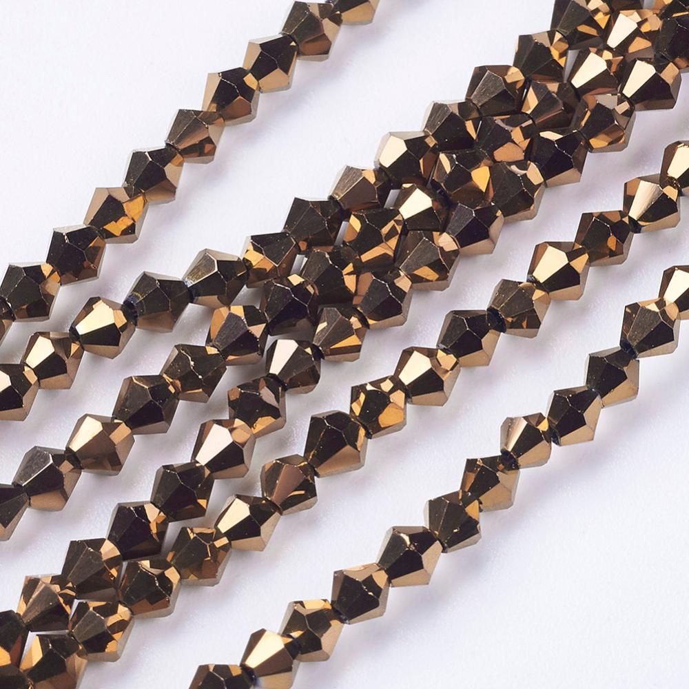 PandaHall Electroplate Glass Beads Strands, Full Plated, Faceted, Bicone, DarkGoldenrod, 3x3mm, Hole: 1mm; about 150pcs/strand, 13.8" Bicone...