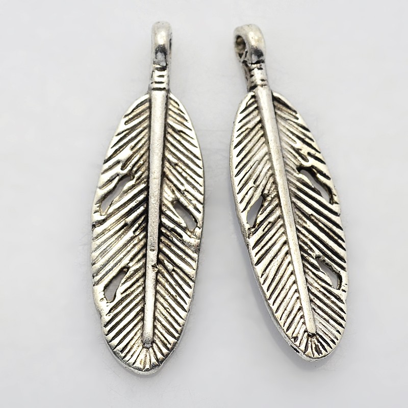 PandaHall Tibetan Style Pendants, Lead Free & Cadmium Free, Feather, Antique Silver, about 9mm wide, 30mm high, 2mm thick, hole: 2mm Alloy...