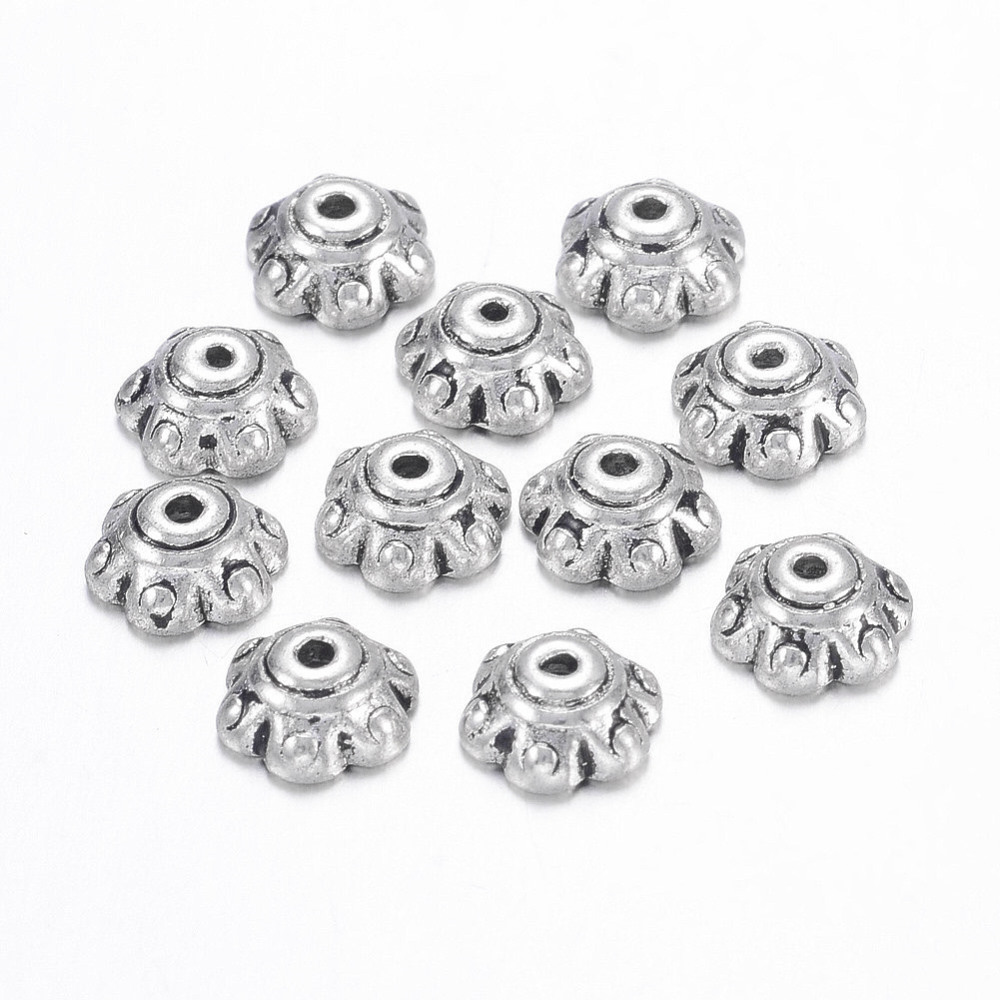 PandaHall Tibetan Silver Bead Caps, Flower, Lead Free and Cadmium Free, Antique Silver, about 7mm in diameter, 3mm thick, hole: 1.5mm Alloy