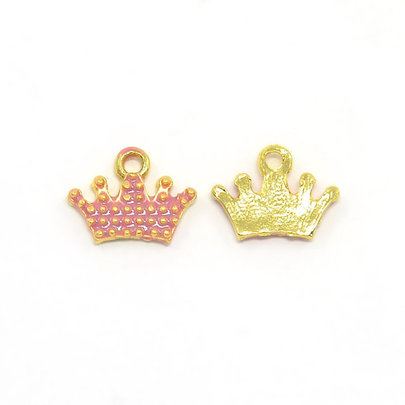 PandaHall Nickel Free Golden Tone Alloy Enamel Pendants, Crown Charms, Flamingo, 10x13x2mm, Hole: 1mm Alloy+Enamel Crown Pink
