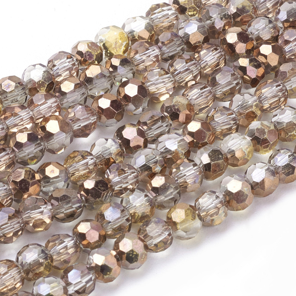 PandaHall Electroplate Glass Beads Strands, Half Plated, Faceted, Round, Copper Plated, 4mm, Hole: 1mm; about 100pcs/strand, 13.7" Round