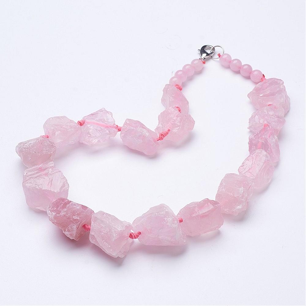 PandaHall Natural Rose Quartz Beaded Necklaces, with Brass Lobster Claw Clasps, 19.2"~20.2" Rose Quartz