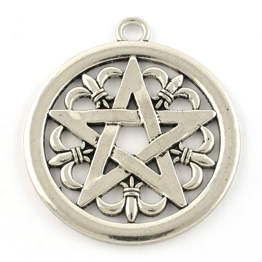 PandaHall Tibetan Style Alloy Pendants, Lead Free & Cadmium Free, Pentagram Star, Antique Silver, 47x41.5x2mm, Hole: 4mm; about 83pcs/1000g...