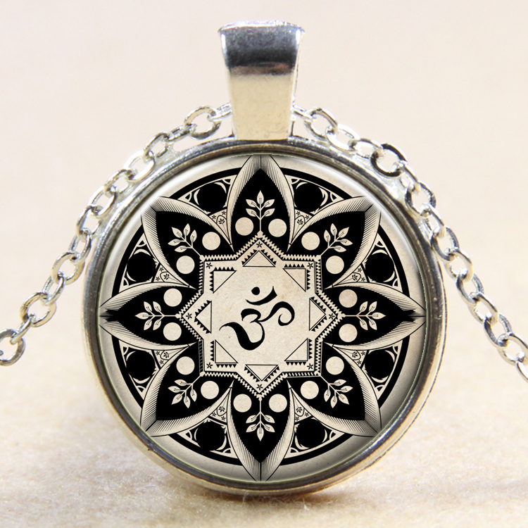 PandaHall Yoga Theme Flat Round Glass Pendant Necklaces, with Alloy Chains, Silver, 18" Alloy