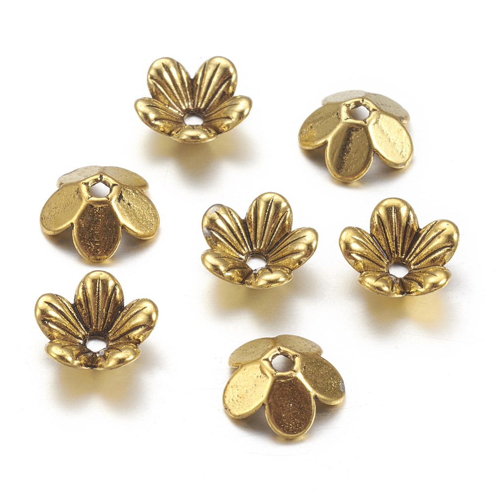PandaHall Tibetan Style Flower Alloy Bead Caps, 5-Petal, Cadmium Free & Nickel Free & Lead Free, Antique Golden, 9x3mm, Hole: 1.5mm Alloy