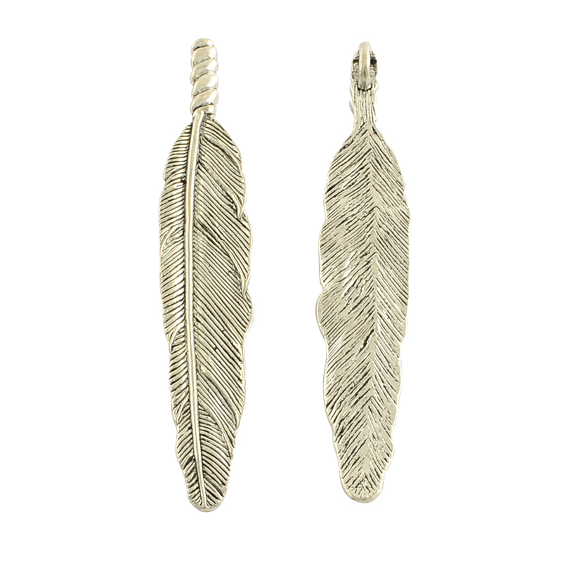 PandaHall Tibetan Style Alloy Big Feather Pendants, Lead Free & Cadmium Free, Antique Silver, 80x14x7mm, Hole: 6x3mm; 151pcs/1000g Alloy...