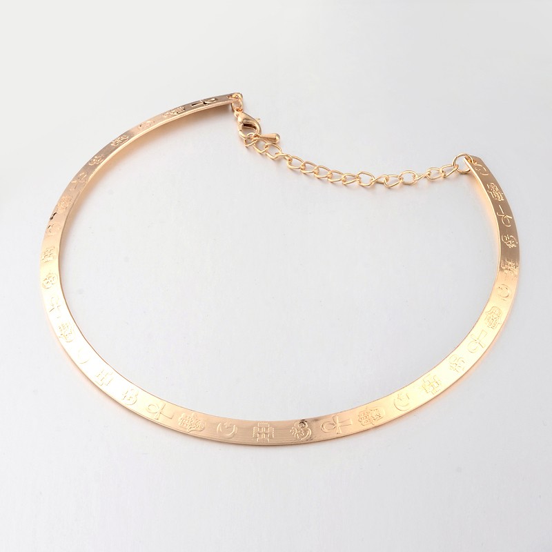 PandaHall Carved Pattern Iron Torques Choker Necklaces, with Lobster Claw Clasps and Tail Chains, Light Gold, 130mm Iron