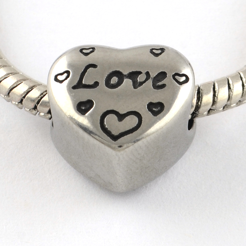 PandaHall Vintage Heart 316 Stainless Steel European Beads, Large Hole Beads, with Word Love, Antique Silver, 11x12x9mm, Hole: 5mm Stainless...