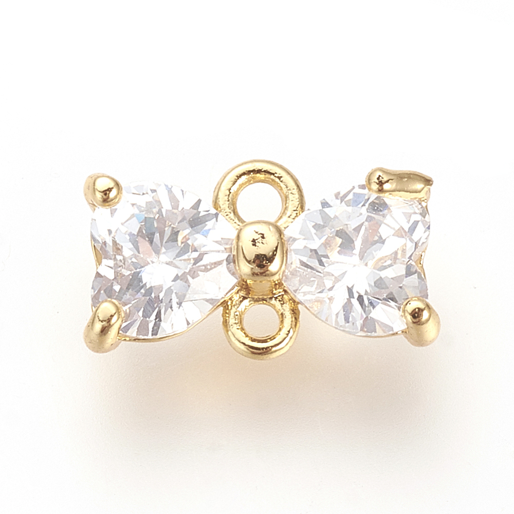 PandaHall Brass Cubic Zirconia Links, Bowknot, Golden, 7x11x3mm, Hole: 1mm Brass+Cubic Zirconia Bowknot