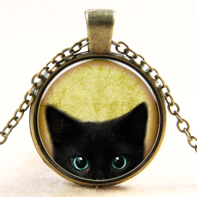 PandaHall Cat Pattern Flat Round Glass Pendant Necklaces, with Alloy Chains, Antique Bronze, 18" Alloy